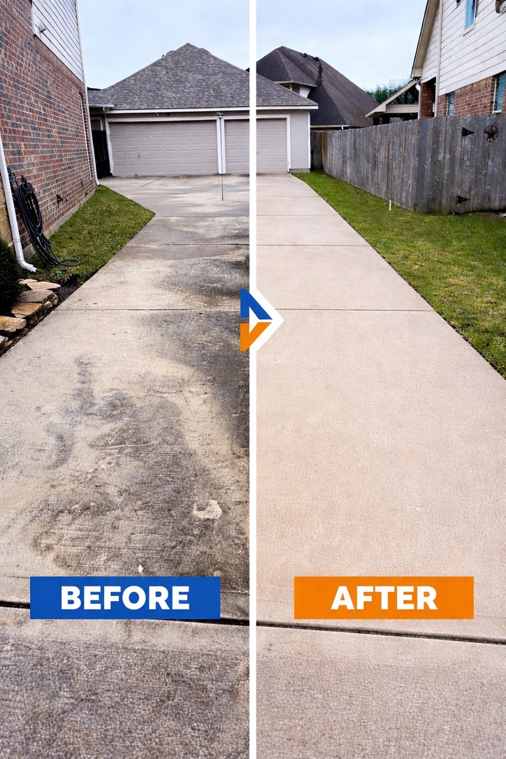 Before and after cleaning of a concrete driveway and walkway