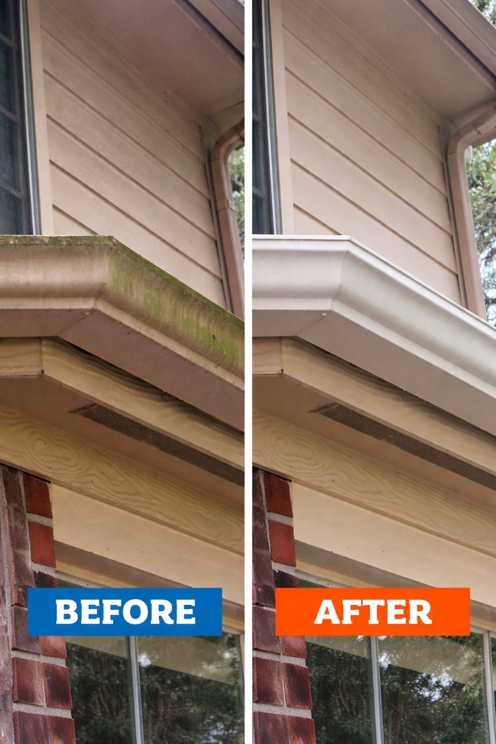 Before and after cleaning of a gutter and fascia exterior