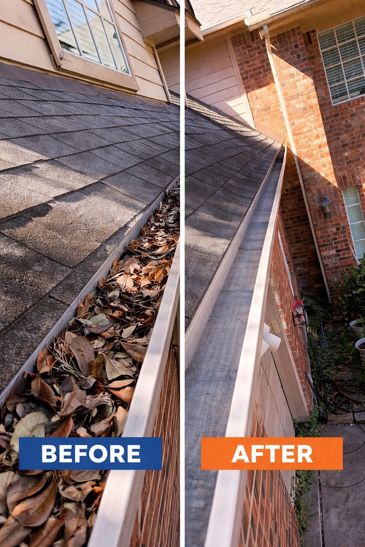 Before and after gutter cleaning, leaf-clogged channel cleared