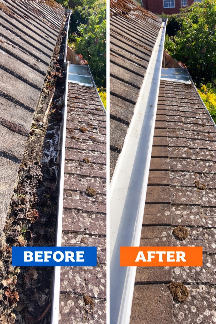 Before and after gutter cleaning near a moss-covered roof