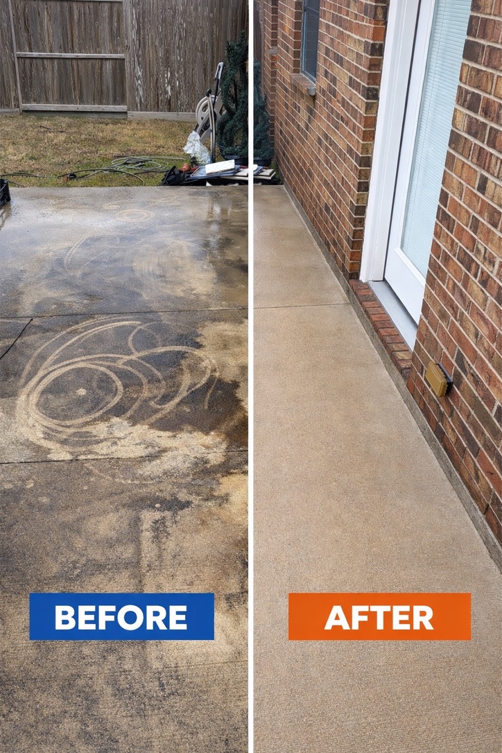 Before and after surface cleaning of a concrete back patio