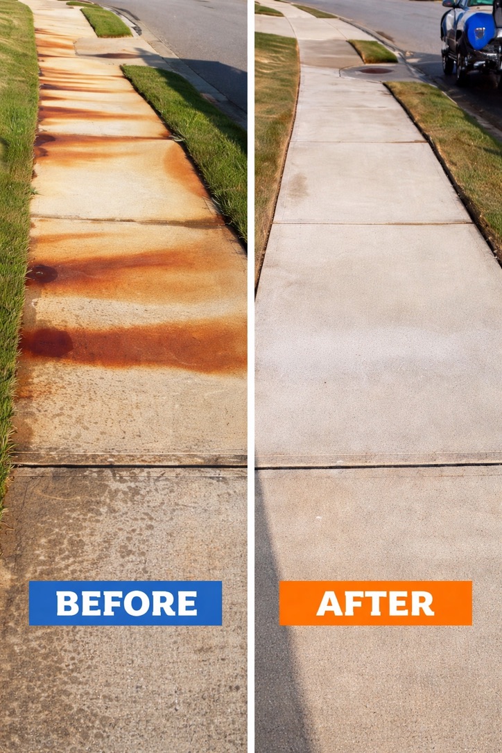 Before and after removal of rust staining from a concrete sidewalk