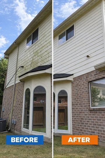 Before and after house washing removing algae from vinyl siding