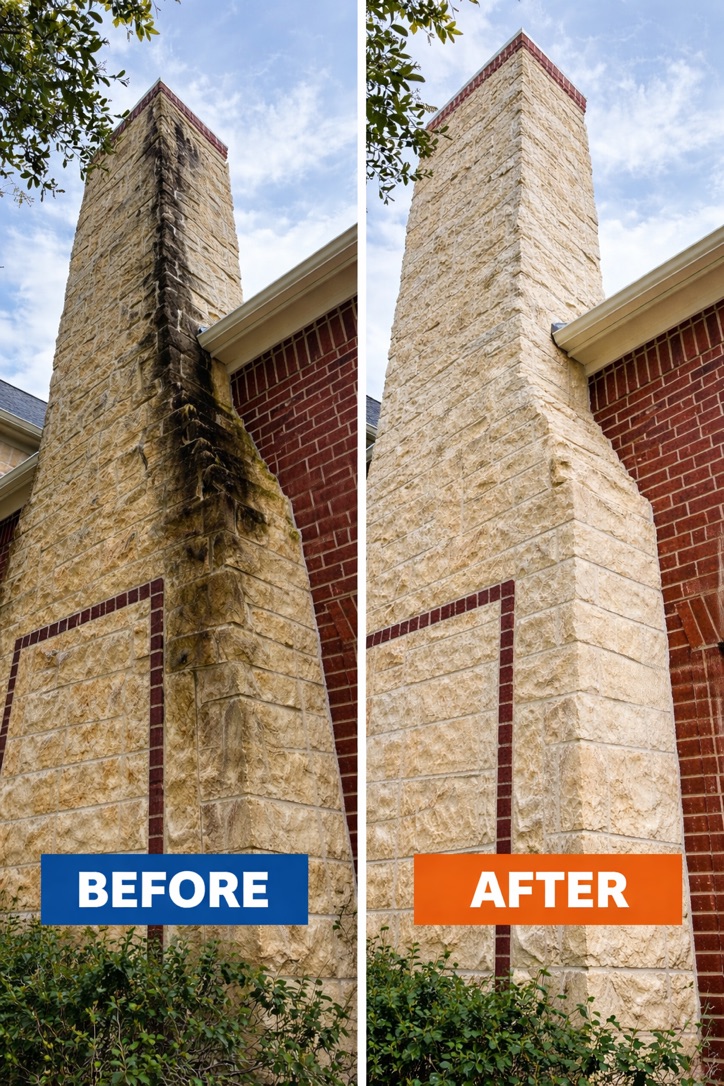 Before and after house washing on a stone chimney