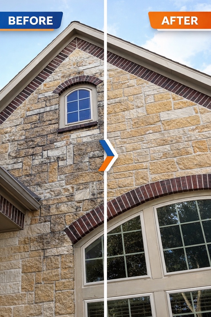 Before and after house washing on a stone gable and window surround