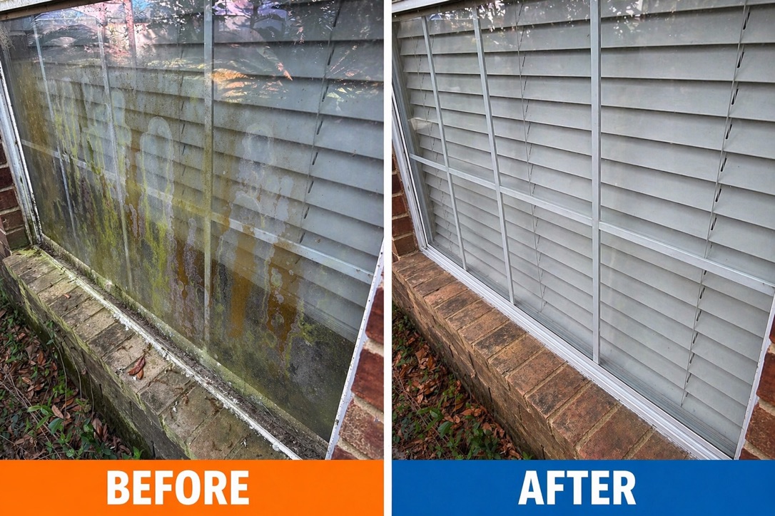 Before and after window cleaning removing algae buildup