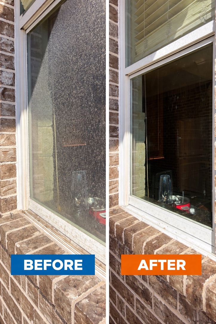 Before and after window cleaning removing heavy surface film