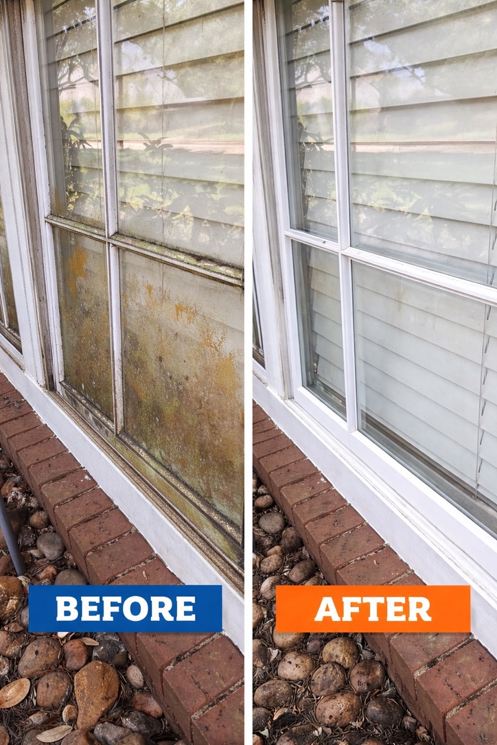 Before and after window cleaning removing rust and mineral staining