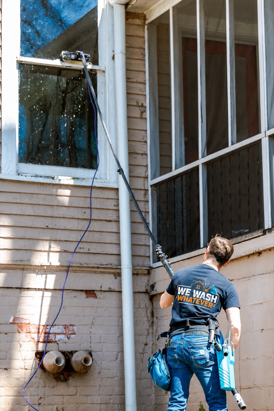 Technician giving a final inspection to a freshly cleaned window